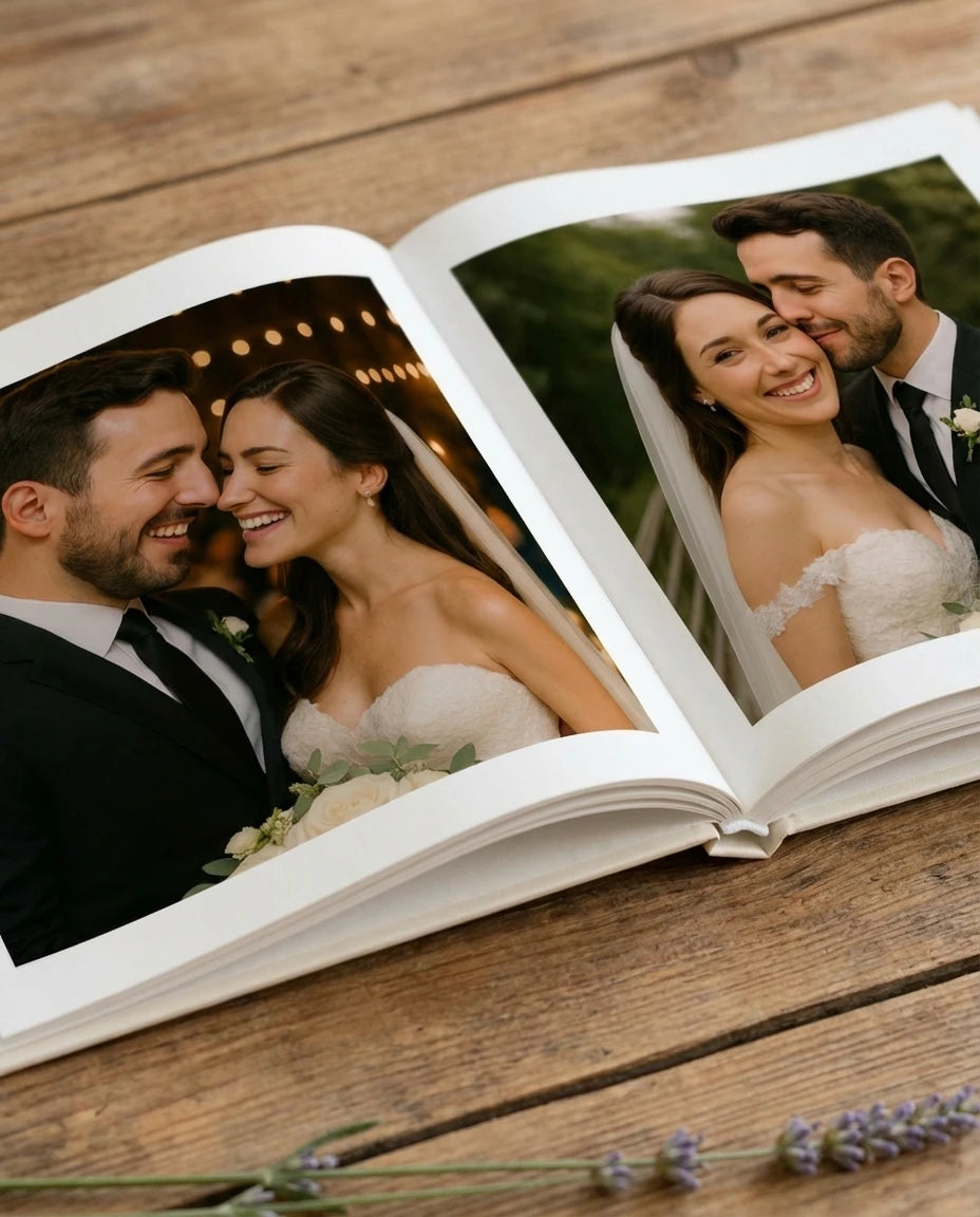 Binnenzijde van een Tiny Gallery fotoboek met haarscherp gedrukte trouwfoto’s. Een stijlvol en rustig vormgegeven spread waarin bijzondere momenten worden vastgelegd in een tijdloos boek.