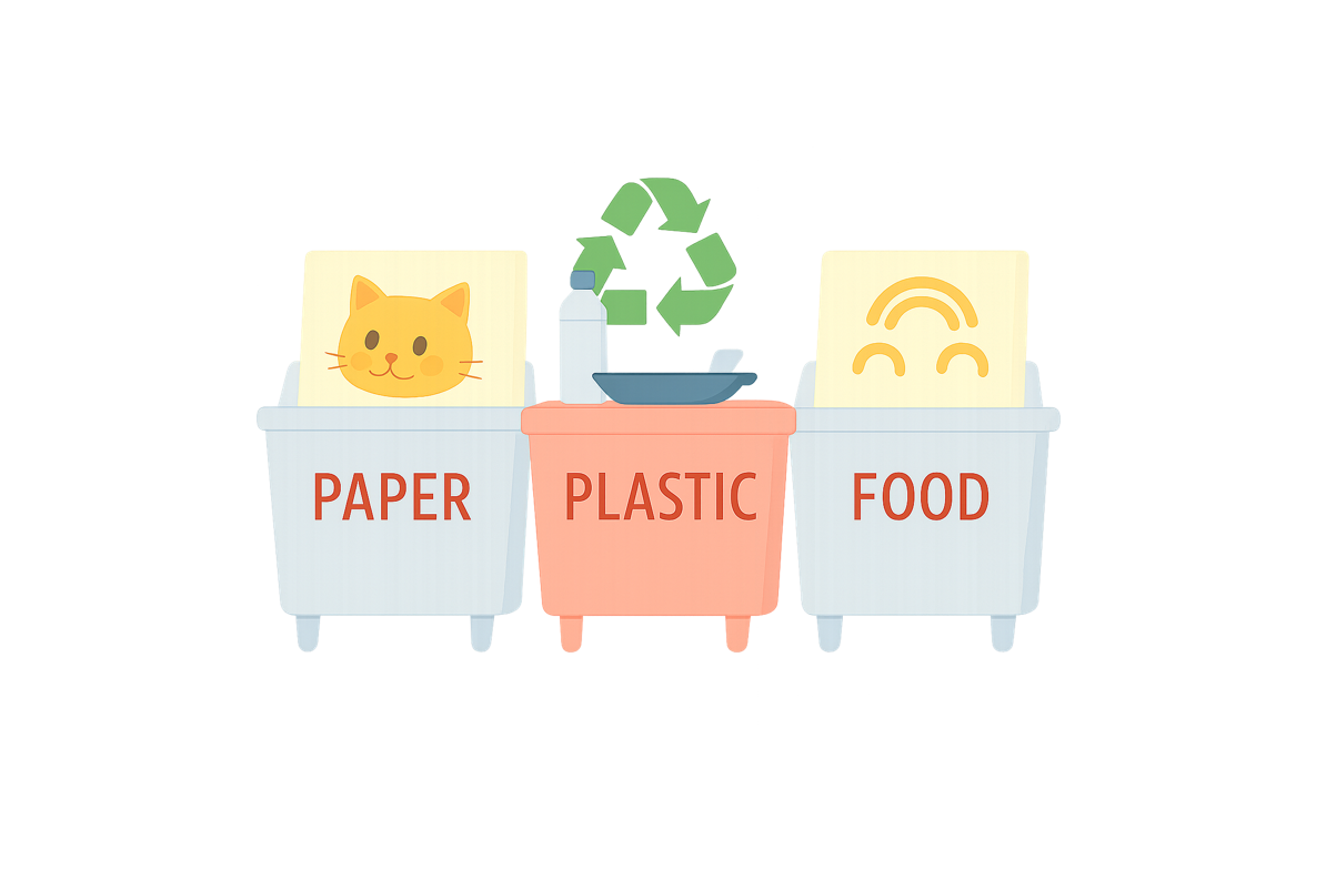 Illustratie met papier-, plastic- en voedselafvalbakken met recycle symbool erboven
