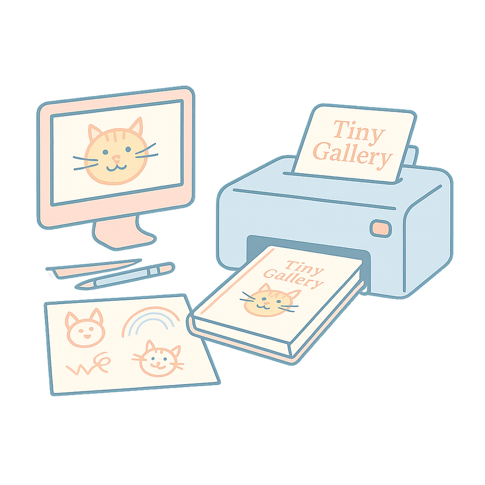 Illustratie van Tiny Gallery productieproces met computer, printer en gepersonaliseerd kunstboek