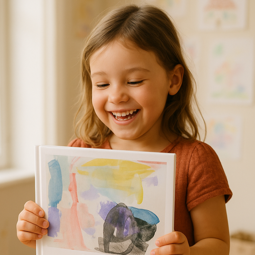 Lachend kind houdt Tiny Gallery kunstboek met eigen tekening omhoog