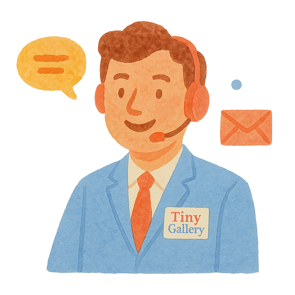 Illustratie klantenservice medewerker van Tiny Gallery met headset en e-mail icoon