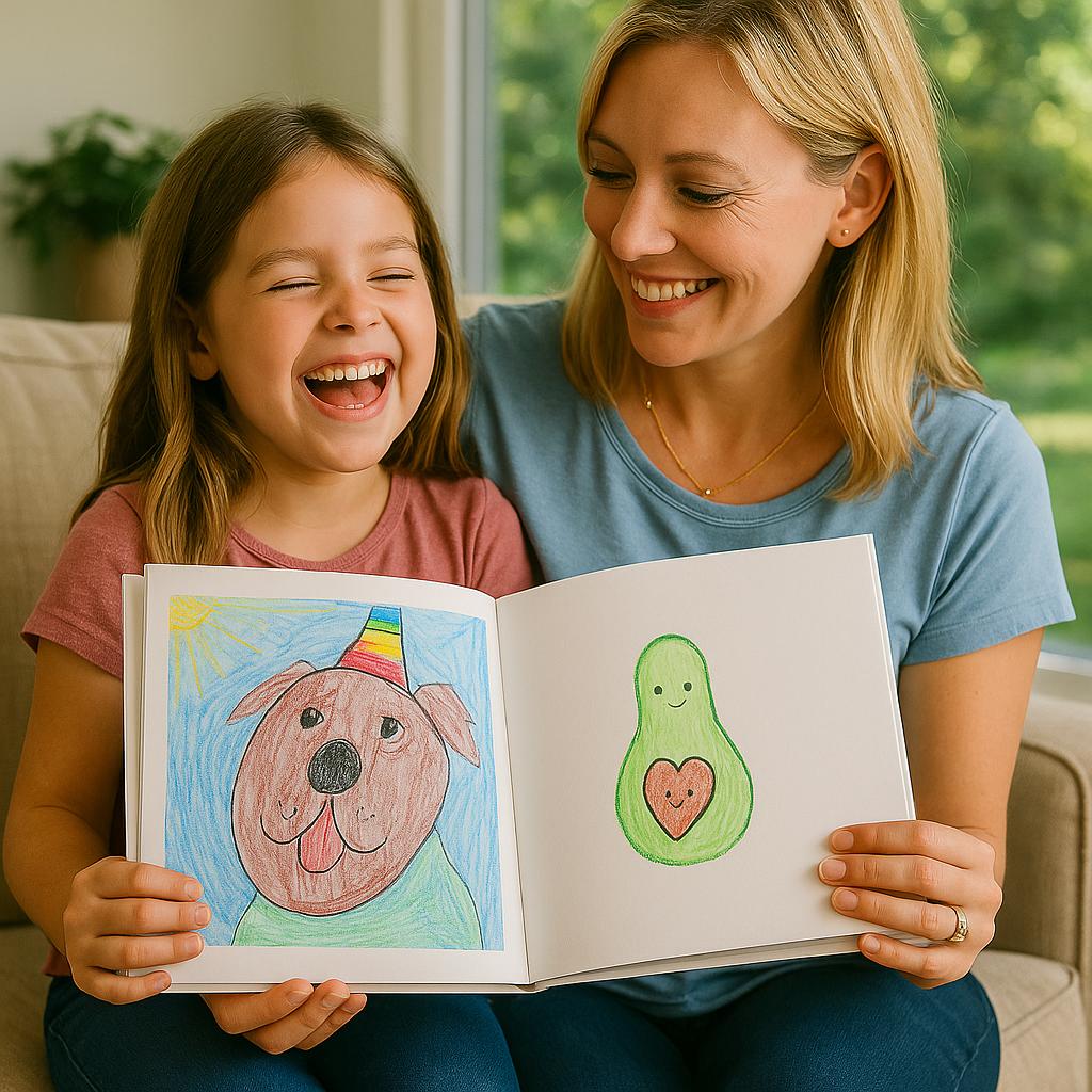 Moeder en dochter lachen samen terwijl ze Tiny Gallery kunstboek met kindertekeningen bekijken