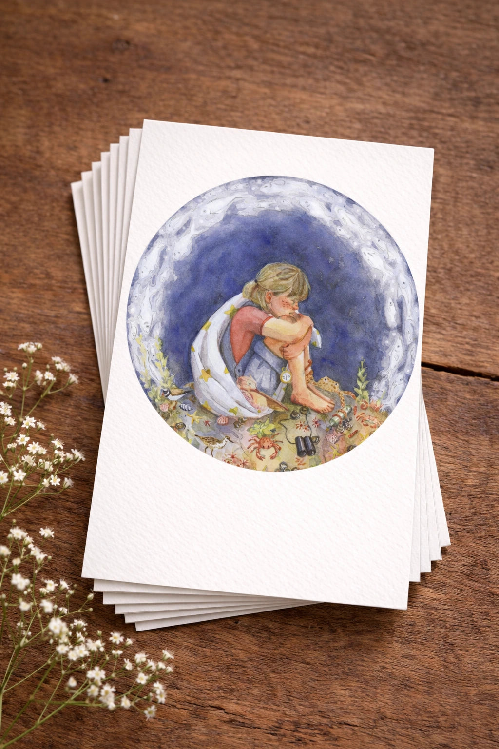 Ansichtkaart met een print van een handgemaakte illustratie door illustrator Amber Moonen. De illustratie toont een kind dat weggekropen zit in een dromerige onderwaterwereld, omringd door zeedieren, planten en zachte kleuren. Een verhalende en fantasierijke ansichtkaart die uitnodigt tot verwondering, rust en eindeloos wegdromen.