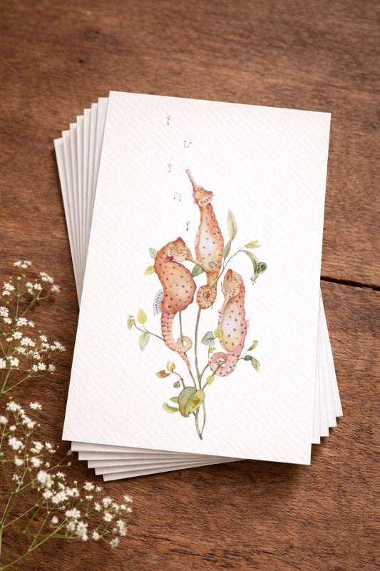 Ansichtkaart met een print van een handgemaakte illustratie door illustrator Amber Moonen. De illustratie toont zingende zeepaardjes tussen zachte planten en kleine muzikale noten. Een speelse en dromerige ansichtkaart met een verfijnde onderwatersfeer, die fantasie, vrolijkheid en verwondering oproept en perfect is om te versturen of neer te zetten.