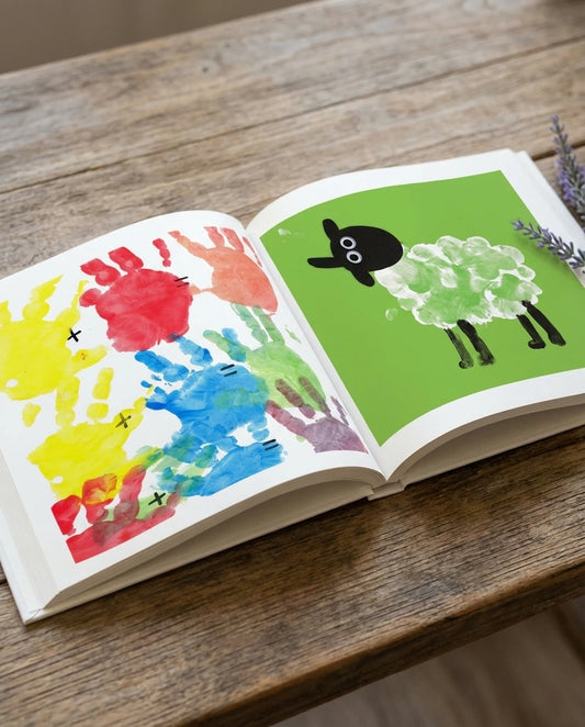 Binnenzijde van een Tiny Gallery kinderkunstboek met kleurrijke handafdrukken en een geschilderde schaap illustratie. De pagina’s zijn haarscherp gedrukt en stijlvol vormgegeven, waardoor kindertekeningen tot leven komen in een tastbaar boek.
