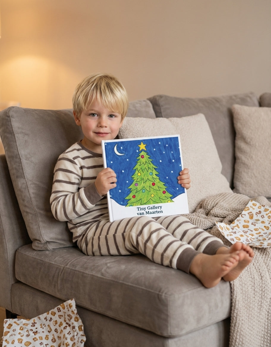 Een jong kind zit in een cosy woonkamer op een zachte bank en houdt trots een Tiny Gallery kunstboek vast met een tekening van een kerstboom op de cover. Het kind draagt een gestreepte pyjama en zit ontspannen tussen dekens en cadeaupapier. De sfeer is warm, huiselijk en feestelijk — perfect passend bij het bewaren van kindertekeningen als blijvende herinnering.