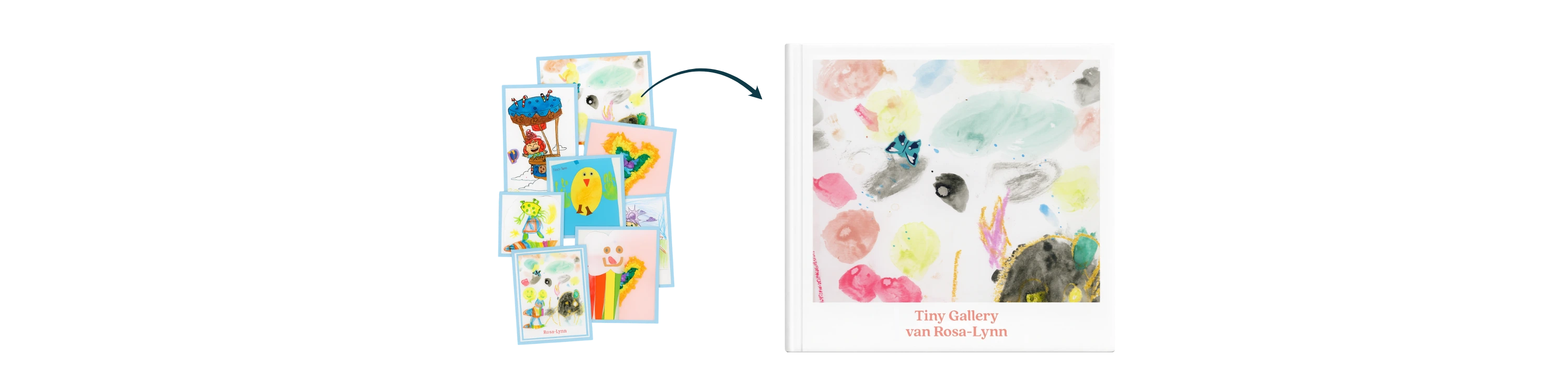 Links een selectie kleurrijke kindertekeningen die samenkomen, met een pijl naar rechts richting een gedrukt Tiny Gallery kunstboek met de naam “Tiny Gallery van Rosa-Lynn” op de cover. De afbeelding toont het proces waarin losse kunstwerken worden omgezet in een professioneel kunstboek.