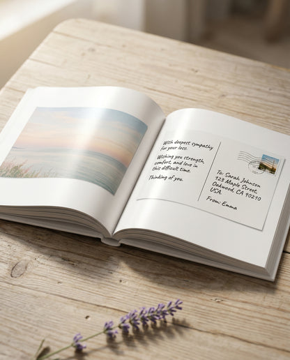 Opengeslagen Tiny Gallery kunstboek met links een ansichtkaart van een zee bij zonsondergang en rechts de handgeschreven achterkant met een condoleancewens, op een lichte houten tafel met lavendel
