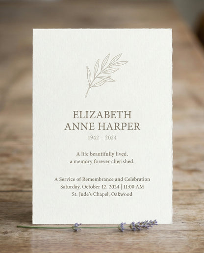 Crèmekleurige rouwkaart met een getekend olijftakje en de naam Elizabeth Anne Harper, 1942–2024, waarvan het ontwerp terugkomt in een Tiny Gallery rouwkaartenboek, op een houten tafel met lavendel