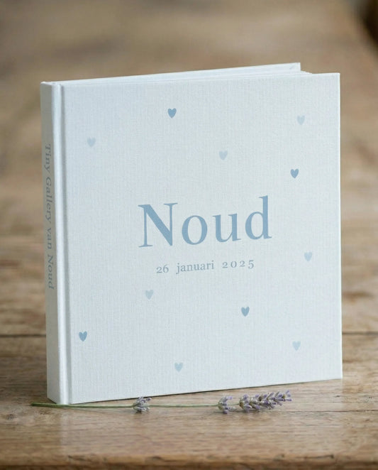 Close-up van het Tiny Gallery kunstboek van Noud in lichtblauw linnen, met de rugtekst ‘Tiny Gallery van Noud’ en op de omslag de naam, 26 januari 2025 en blauwe hartjes, naast een takje lavendel