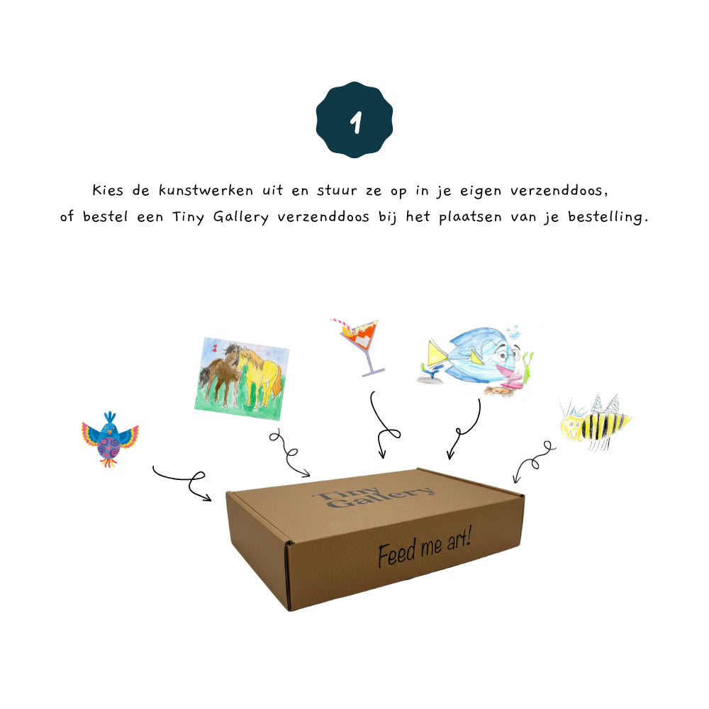 Vierkante 1:1 afbeelding van een Tiny Gallery verzenddoos met de tekst “Feed me art!”. Rondom de doos zweven verschillende kleurrijke kindertekeningen, zoals een vogel, paarden, een drankje, een vis en een bij. Pijlen wijzen van de tekeningen naar de doos om te laten zien dat ouders de kunstwerken kunnen opsturen in hun eigen doos of een Tiny Gallery verzenddoos. Bovenaan staat stap 1 van het proces duidelijk weergegeven.