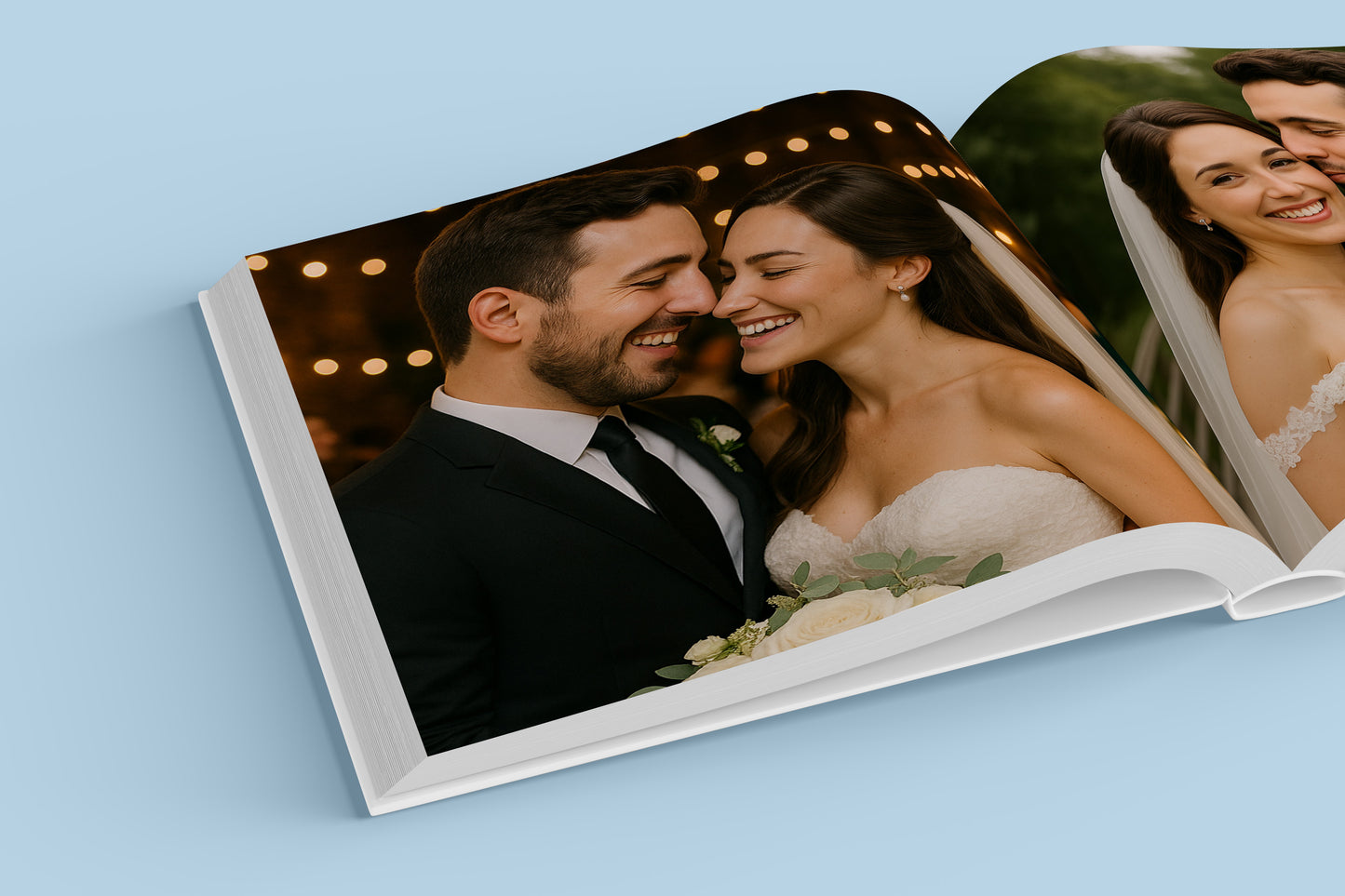 Open Tiny Gallery boek met persoonlijke foto’s van een bruidspaar, gebruikt als voorbeeld dat naast kindertekeningen ook andere momenten in een boek kunnen worden vastgelegd.