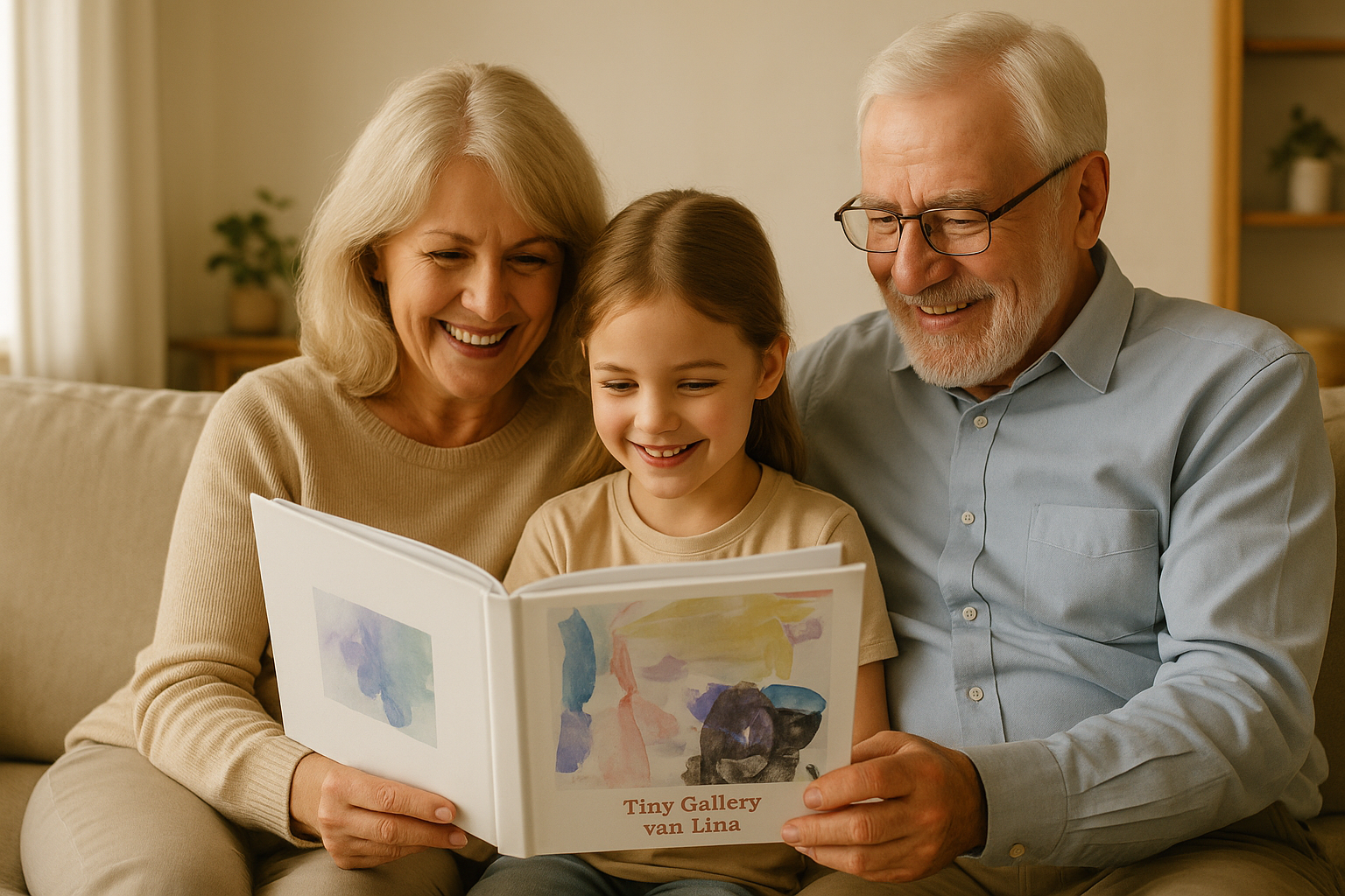 Grootouders lezen samen met kleinkind in Tiny Gallery kunstboek vol kindertekeningen