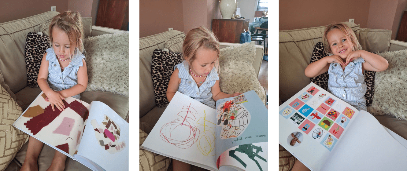 Kind bladert door Tiny Gallery kunstboek met eigen tekeningen en laat trots haar persoonlijke kinderboek zien