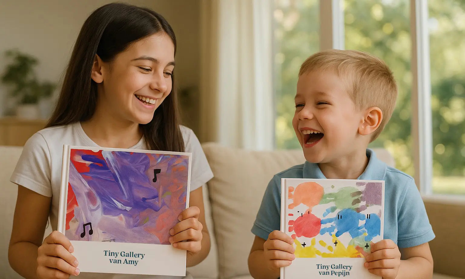 Een meisje en een jongen zitten lachend naast elkaar op de bank en houden trots hun Tiny Gallery-boeken vast. Het meisje heeft een boek met de tekst “Tiny Gallery van Amy” en een kleurrijke abstracte schildering op de kaft. De jongen toont een boek met de tekst “Tiny Gallery van Pepijn”, met vrolijke handafdrukken in verschillende kleuren op de kaft.